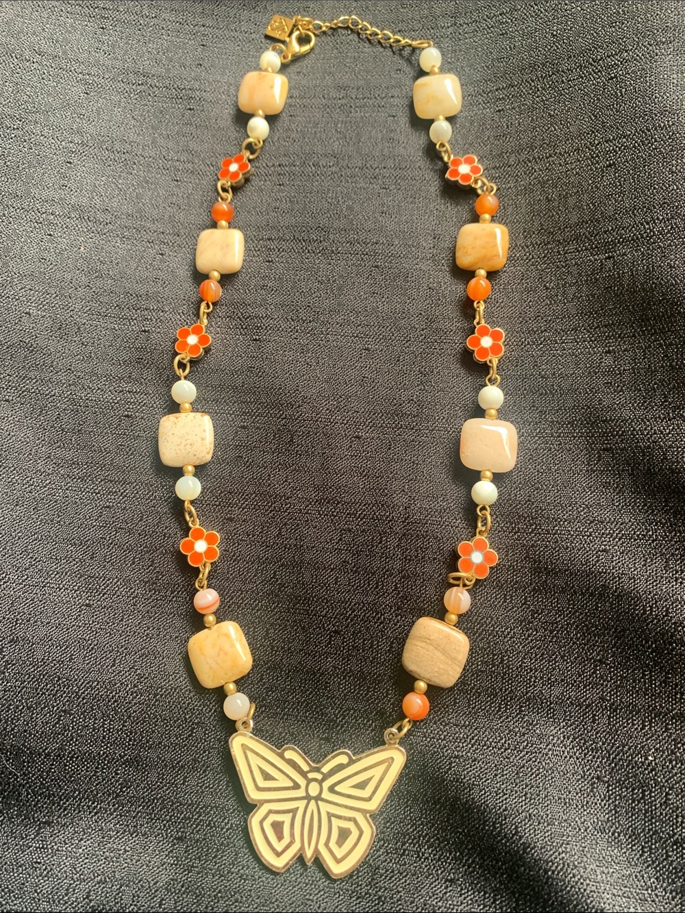 NYC Orange Floral Bead Necklace with Gold Butterfly Pendant